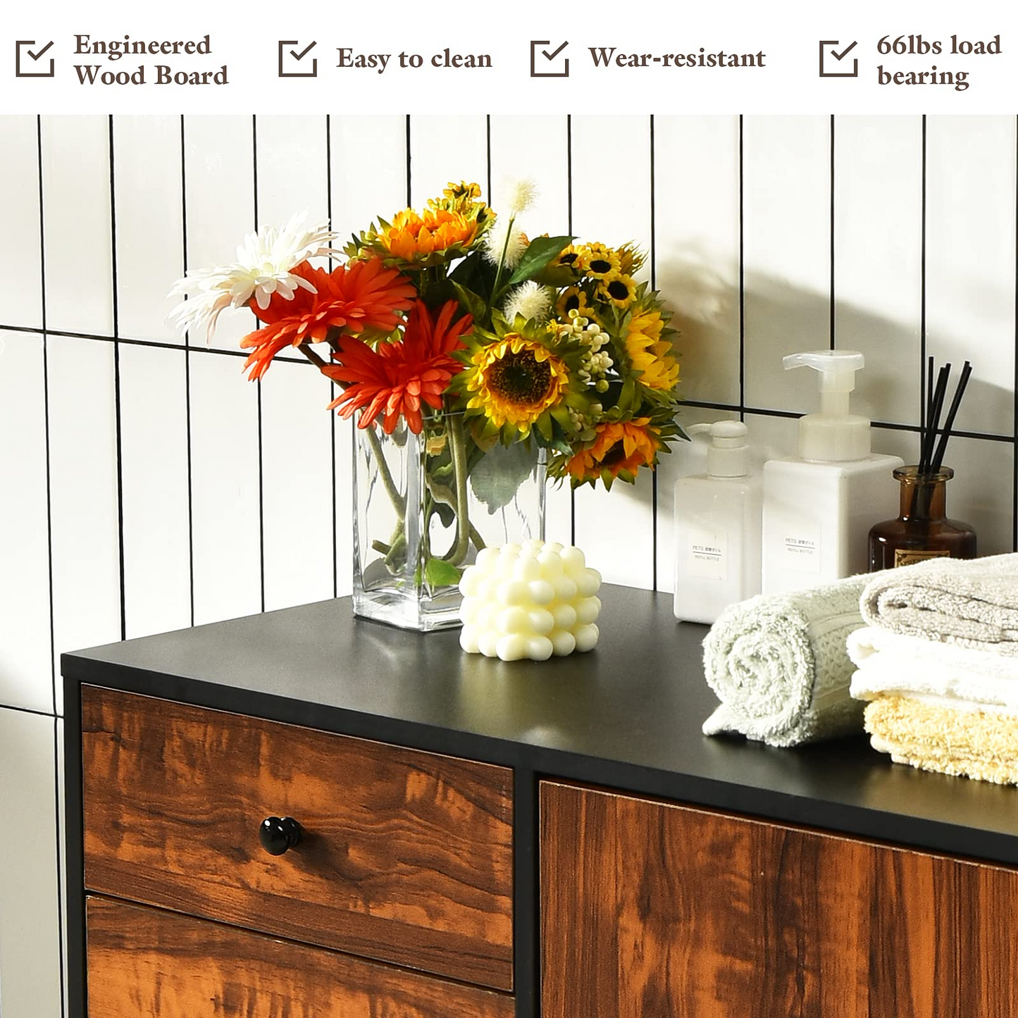 Tangkula Retro Storage Cabinet, Wood Floor Storage Cabinet with 3 Drawers and 1 Cabinet w/Adjustable Shelf, Accent Cabinet