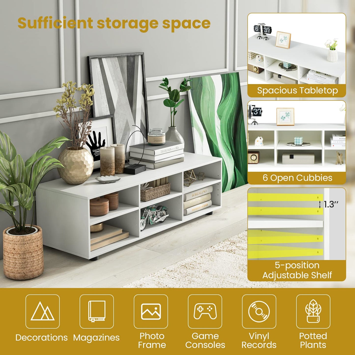 Tangkula 6 Cubby TV Stand for TVs up to 55 Inches, White Wood Entertainment Center with 6 Storage Cubbies & 5 Positions Adjustable Shelves
