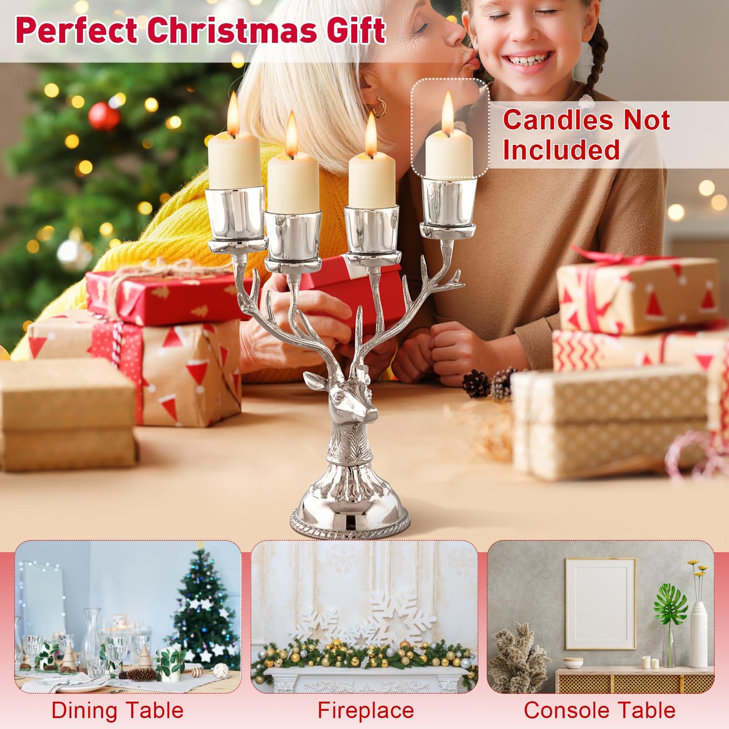 Tangkula Reindeer Candle Holder, Deer Christmas Ornament for 4 Candles, Aluminum Table Christmas Decoration for Tealight