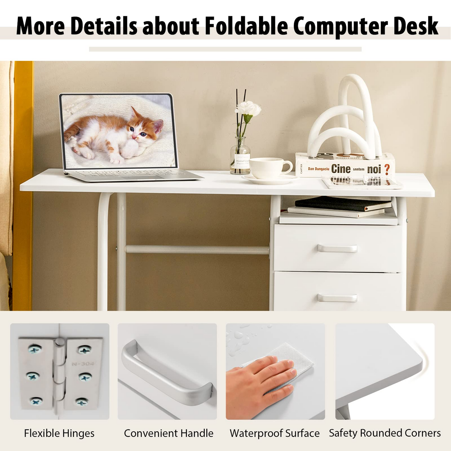 Tangkula White Folding Desk with 3 Drawers, Mobile Home Office Desk, Portable Laptop Desk Writing Table