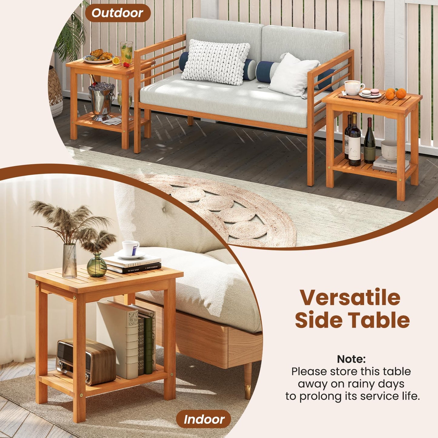 Tangkula Table d'appoint d'extérieur, table de patio à 2 niveaux avec plateau à lattes et étagère de rangement