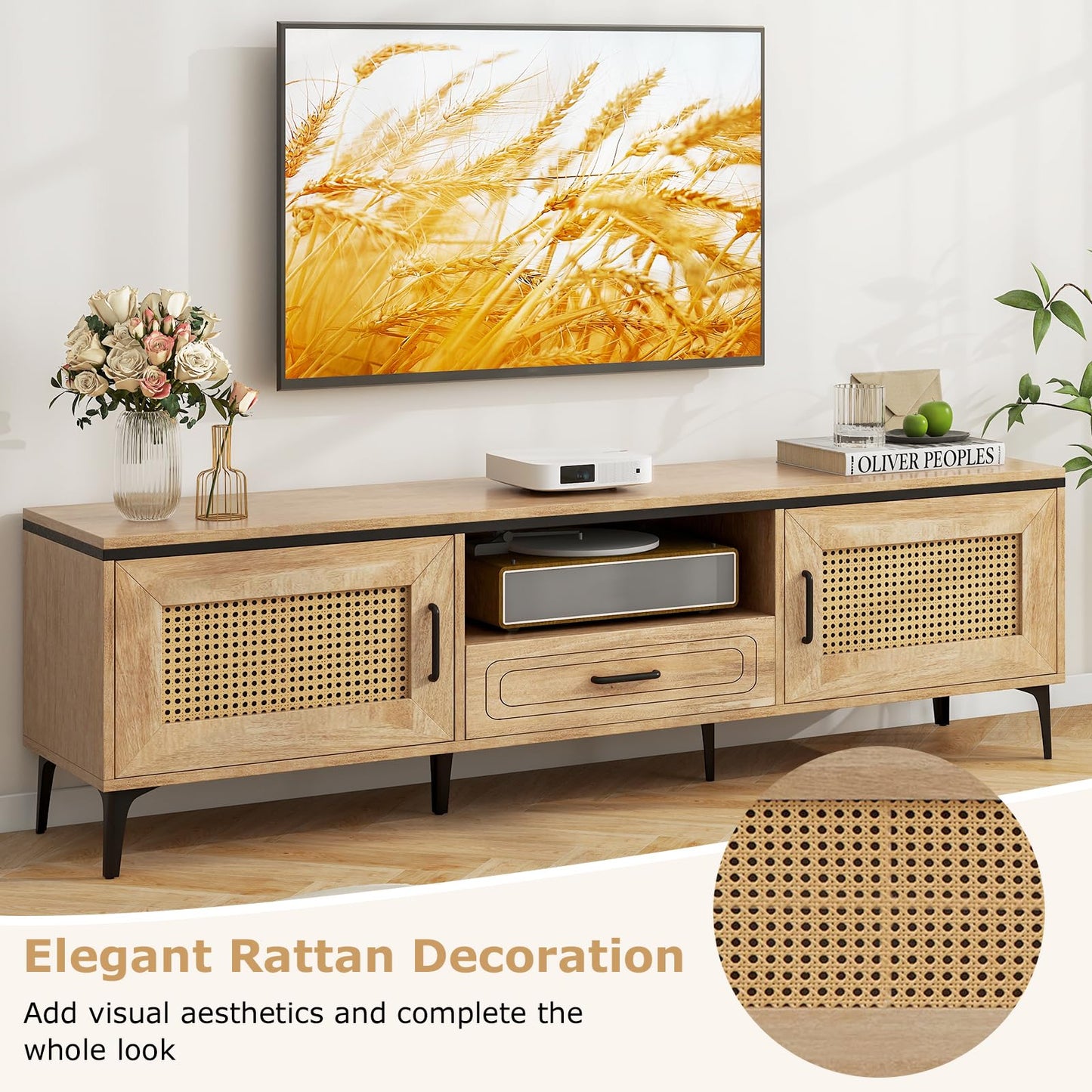 Tangkula Boho TV Stand Mid Century Modern Media Entertainment Center with Drawer