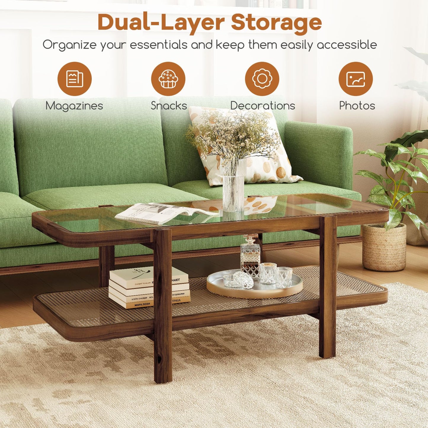 Tangkula Rattan Coffee Table 47.5”L Boho Cocktail Tables