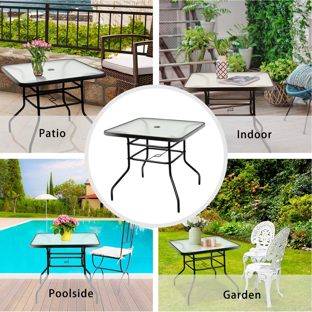 Outdoor Dining Table with 2 inches Umbrella Hole, 32 inches Tempered Glass Top Square Patio Table