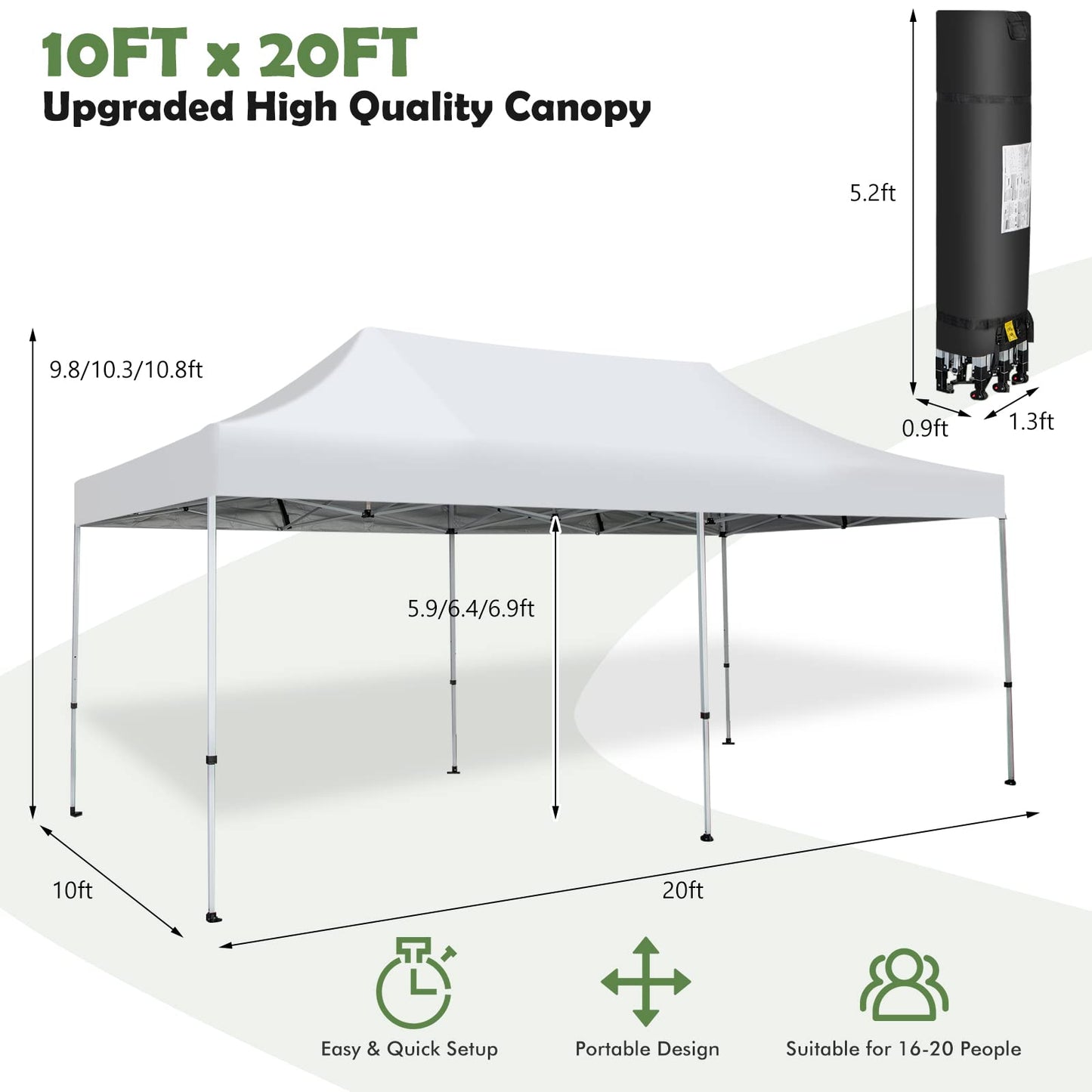 Tangkula 10 x 20Ft Pop-Up Canopy Tent, UPF 50+ Easy Setup Instant Canopy Tent with Wheeled Carrying Bag