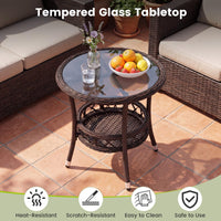Tangkula Outdoor Rattan Side Table with Tempered Glass Top