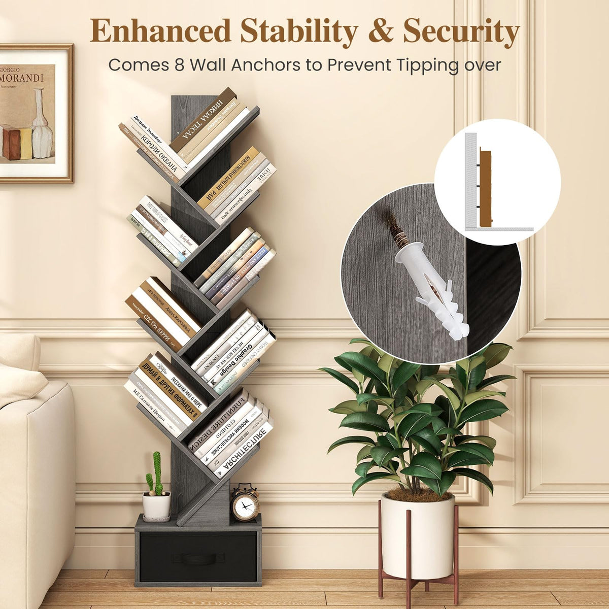 Tangkula Tree-Shaped Bookshelf with Folding Fabric Drawer