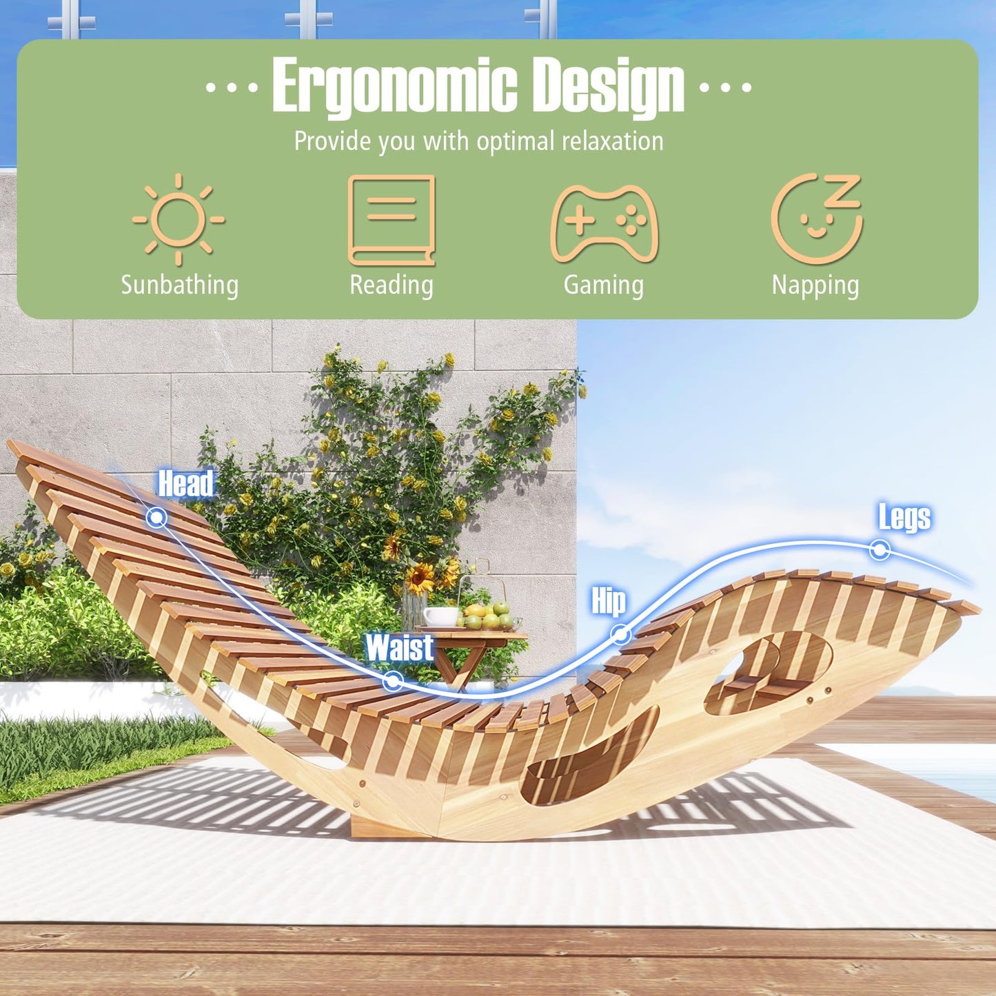 Tangkula Outdoor Double Chaise Lounge Chair, Acacia Wood Rocking Sunbed with Slatted Backrest and Seat