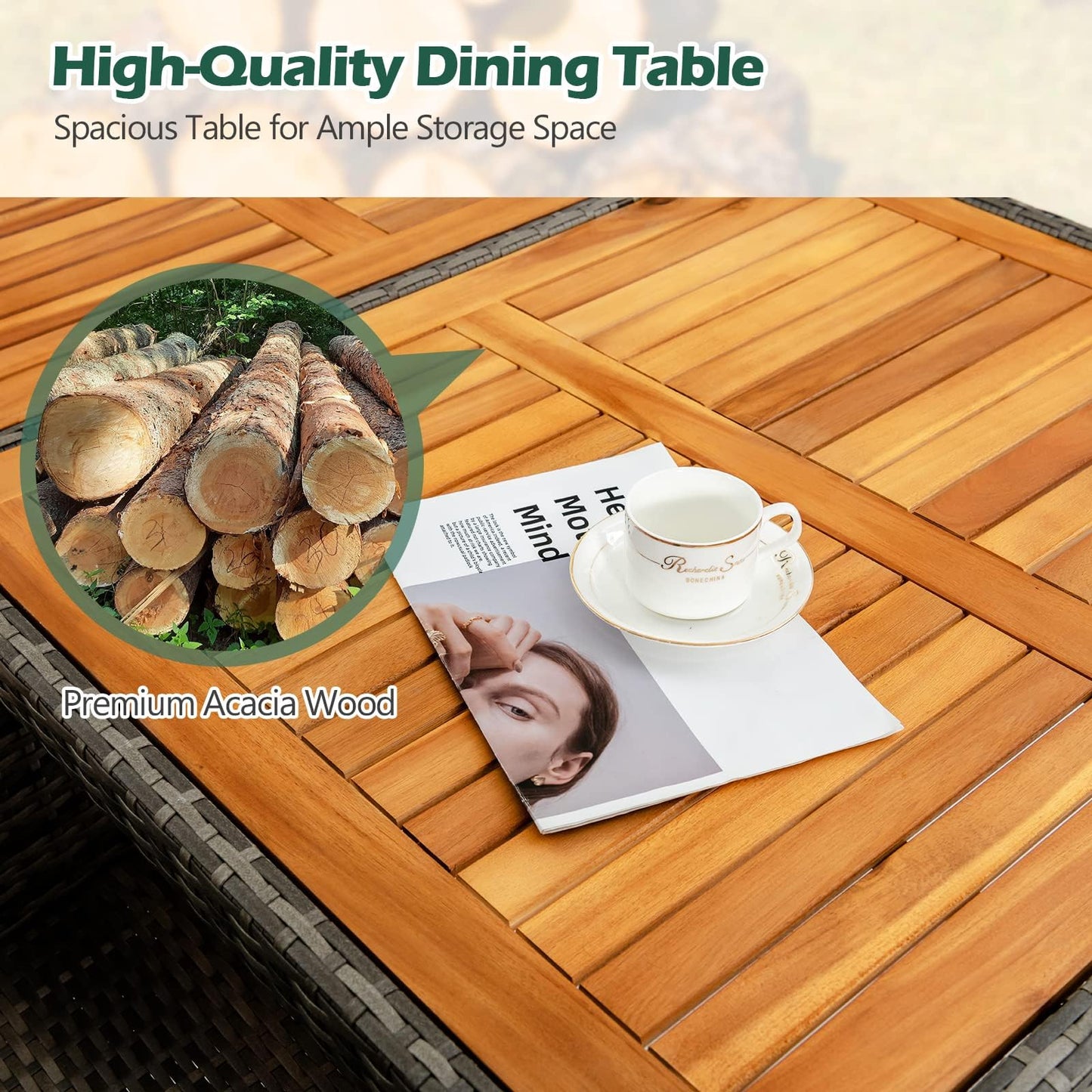 Tangkula 9 Piece Rattan Outdoor Dining Set with 13Ft Umbrella for 6