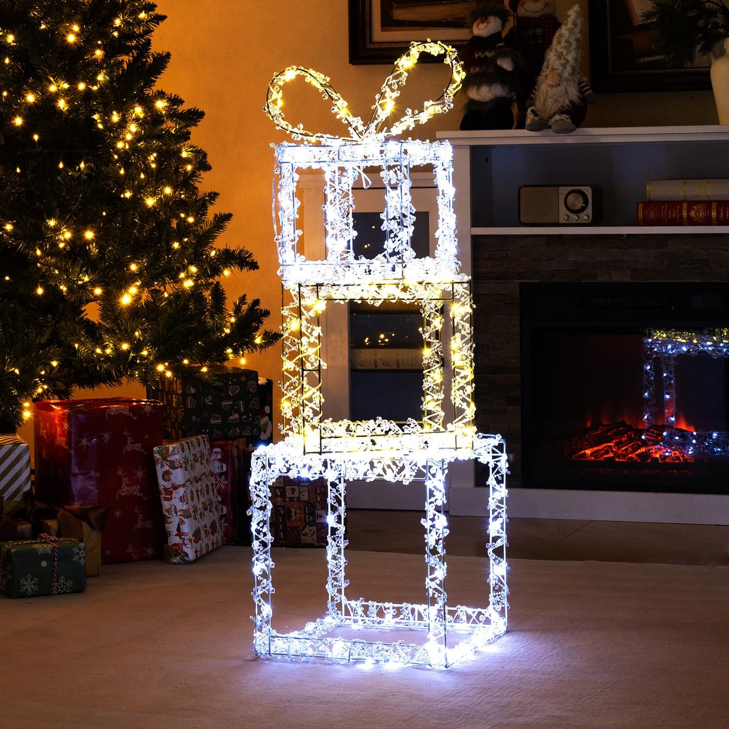 Tangkula Lot de 3 boîtes cadeaux lumineuses avec lumières LED blanc chaud et blanc froid