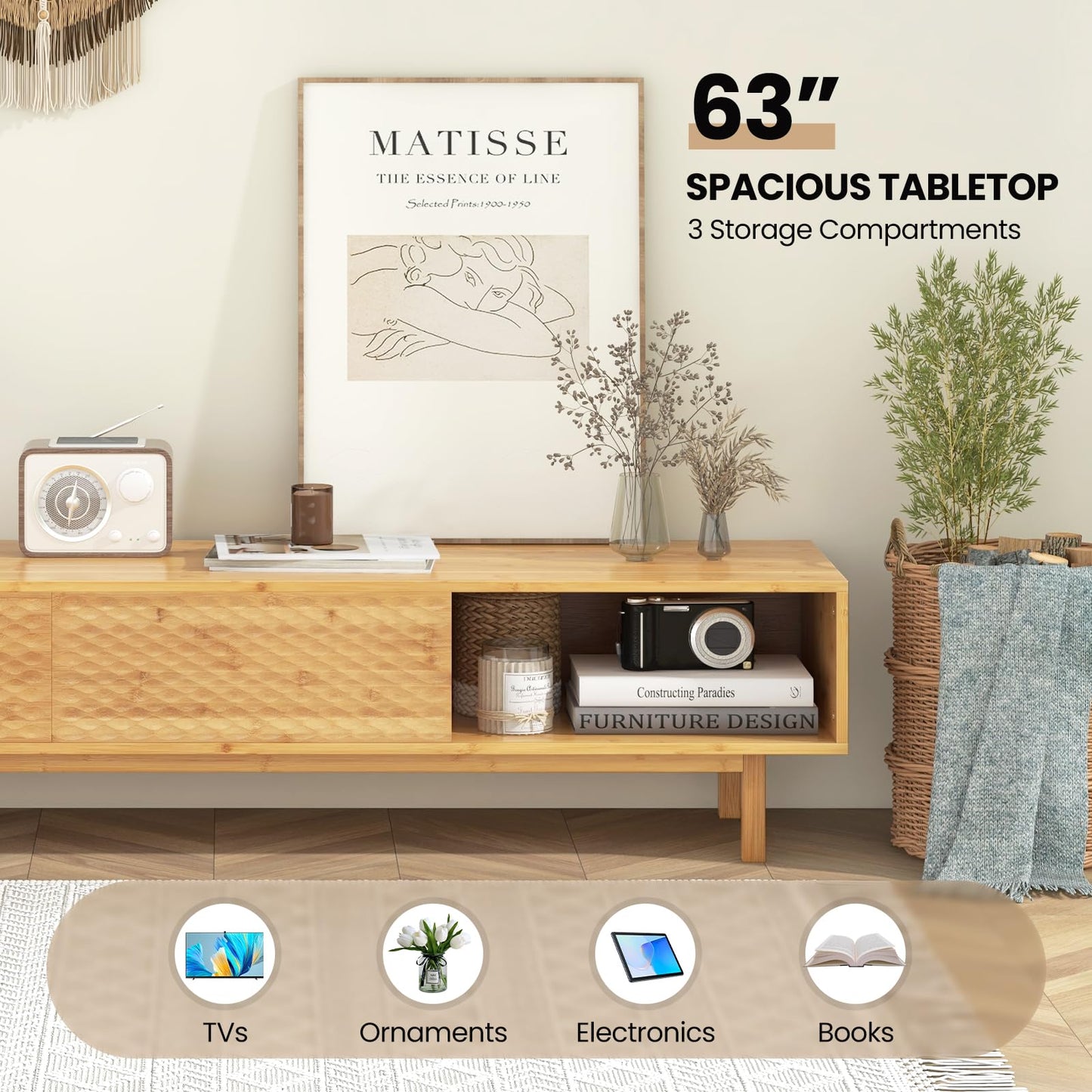 Tangkula Bamboo TV Stand for 65” 70” TVs
