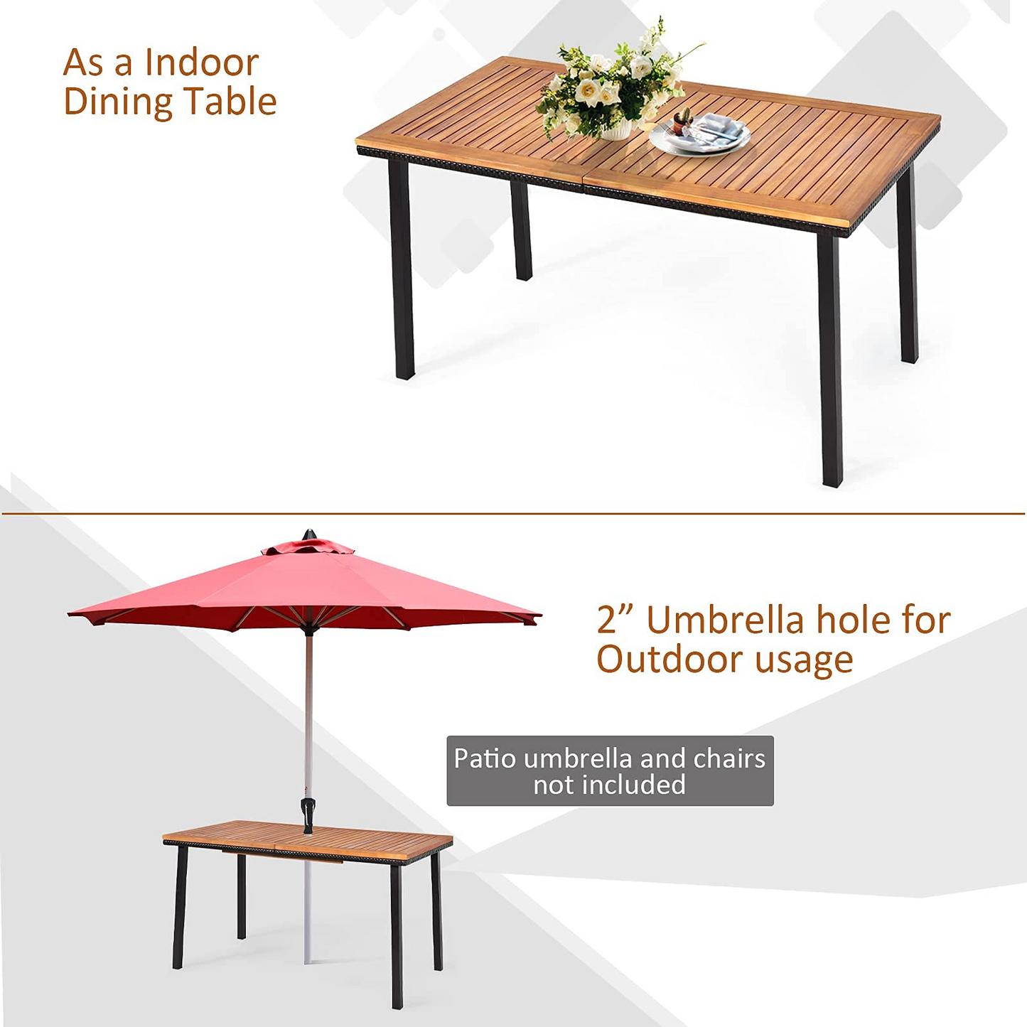 Tangkula Patio Acacia Dining Table, Outdoor Rectangle Dining Table with Acacia Wood Desktop