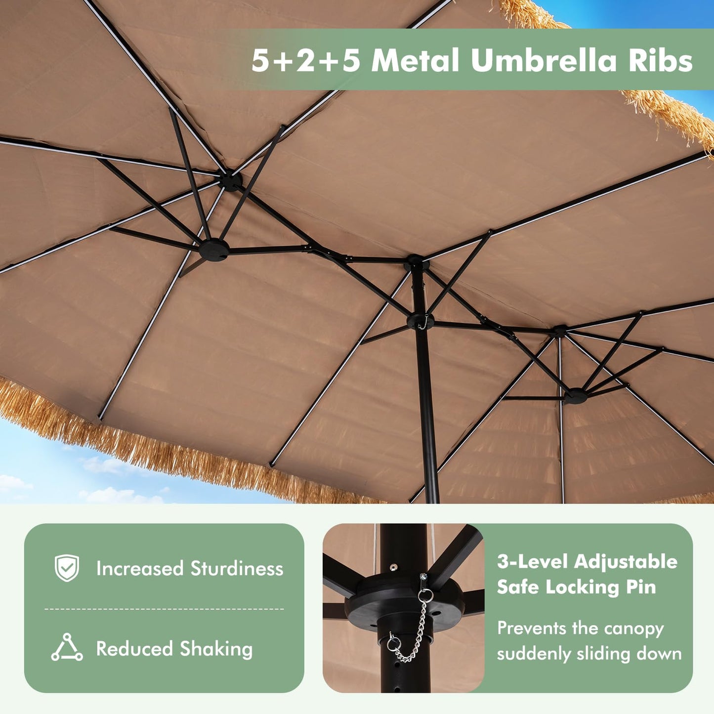 Tangkula 15 FT Solar Tiki Patio Umbrella | Thatched PE Grass