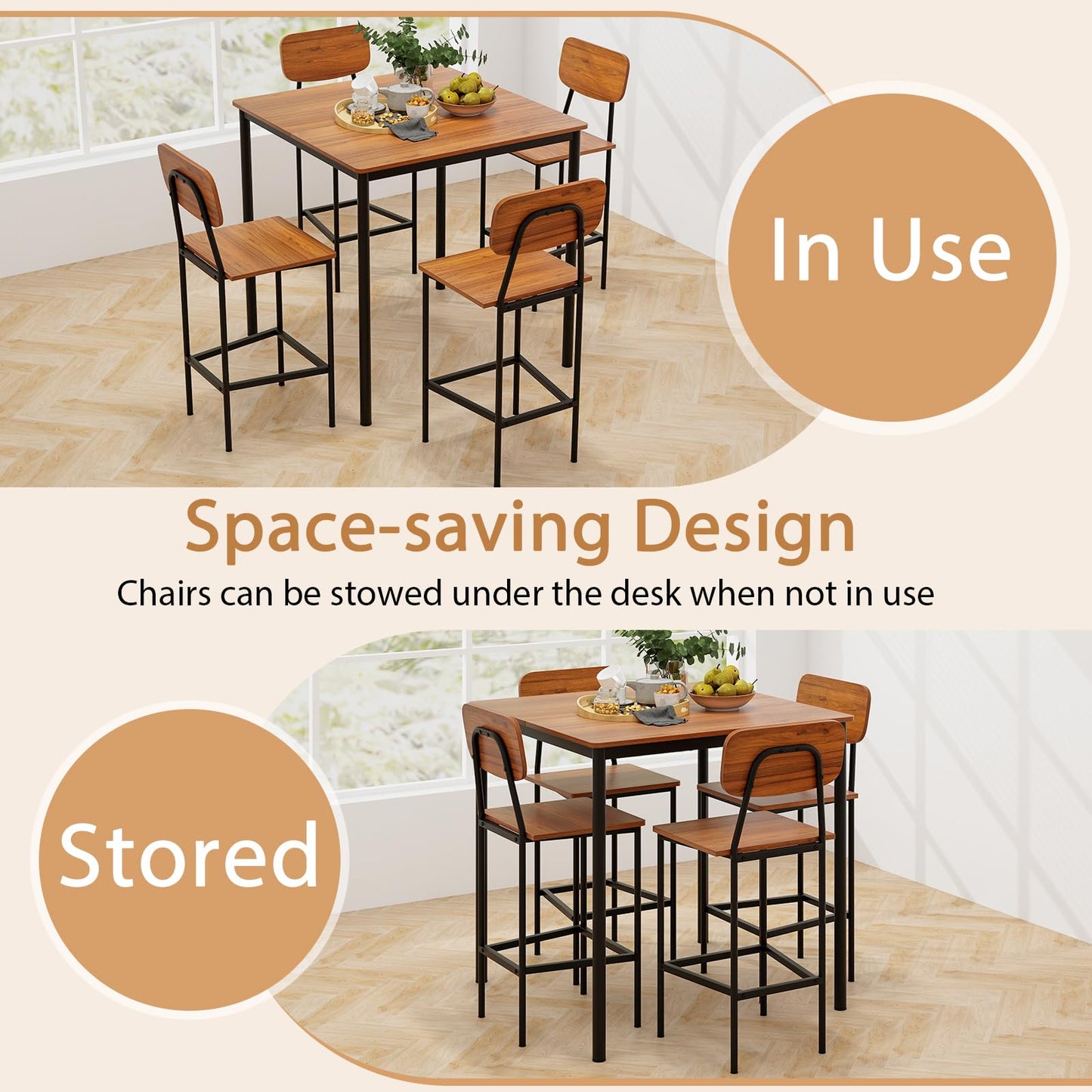 Tangkula Dining Table Set for 4, Vintage Counter-Height Dining Table & 4 Bar Chairs