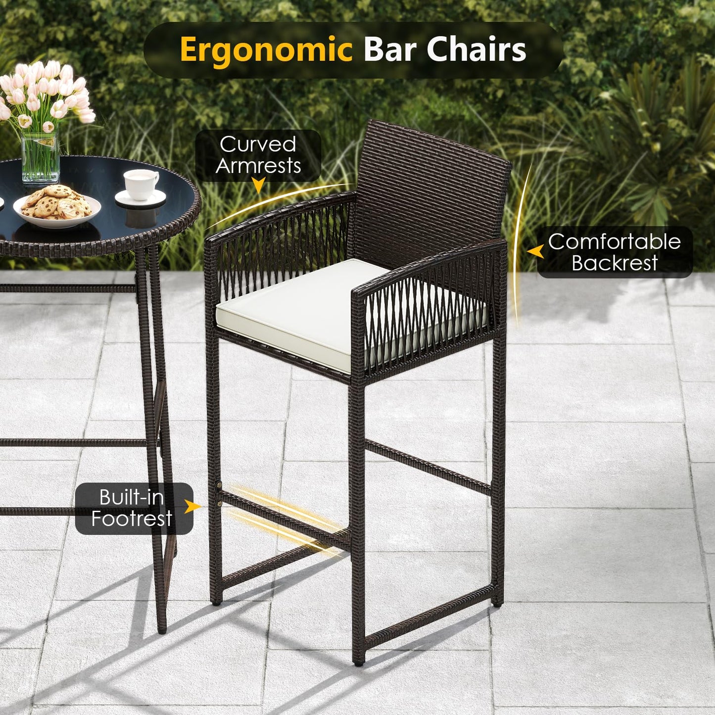 Tangkula Outdoor Wicker Bar Height Glass Top Table & 2 Cushioned Bartools Heavy Duty