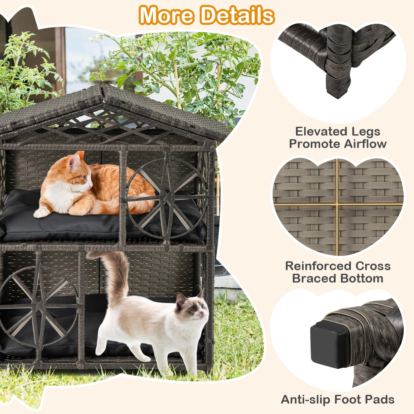 Niche pour chat Tangkula à 2 étages en osier, enclos pour chaton en rotin avec coussins amovibles