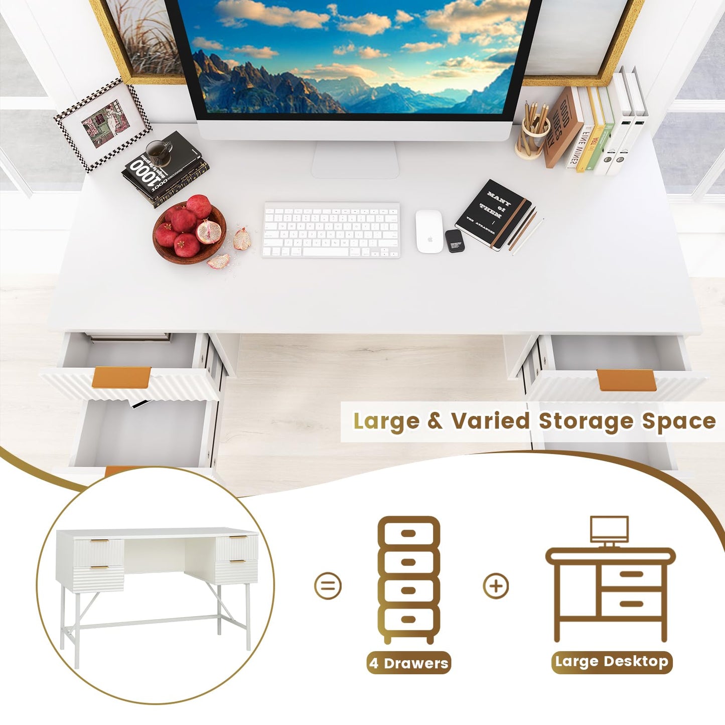 Tangkula White Desk with 4 Drawers, 48 Inch Home Office Desk with Storage, Writing Desk with Metal Frame for Bedroom, Study, Office