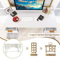 Tangkula White Desk with 4 Drawers, 48 Inch Home Office Desk with Storage, Writing Desk with Metal Frame for Bedroom, Study, Office