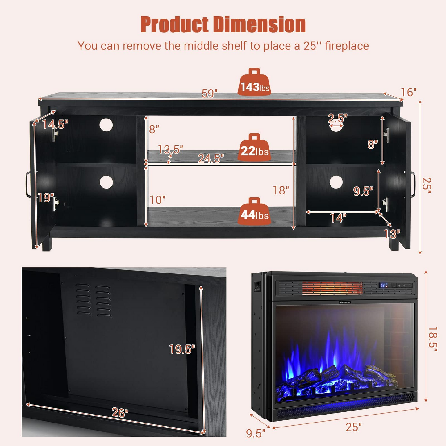 Fireplace TV Stand for TVs Up to 65 Inch, Fireplace Media Console Table with Barn Doors, Electric Heater with Adjustable Brightness & Remote
