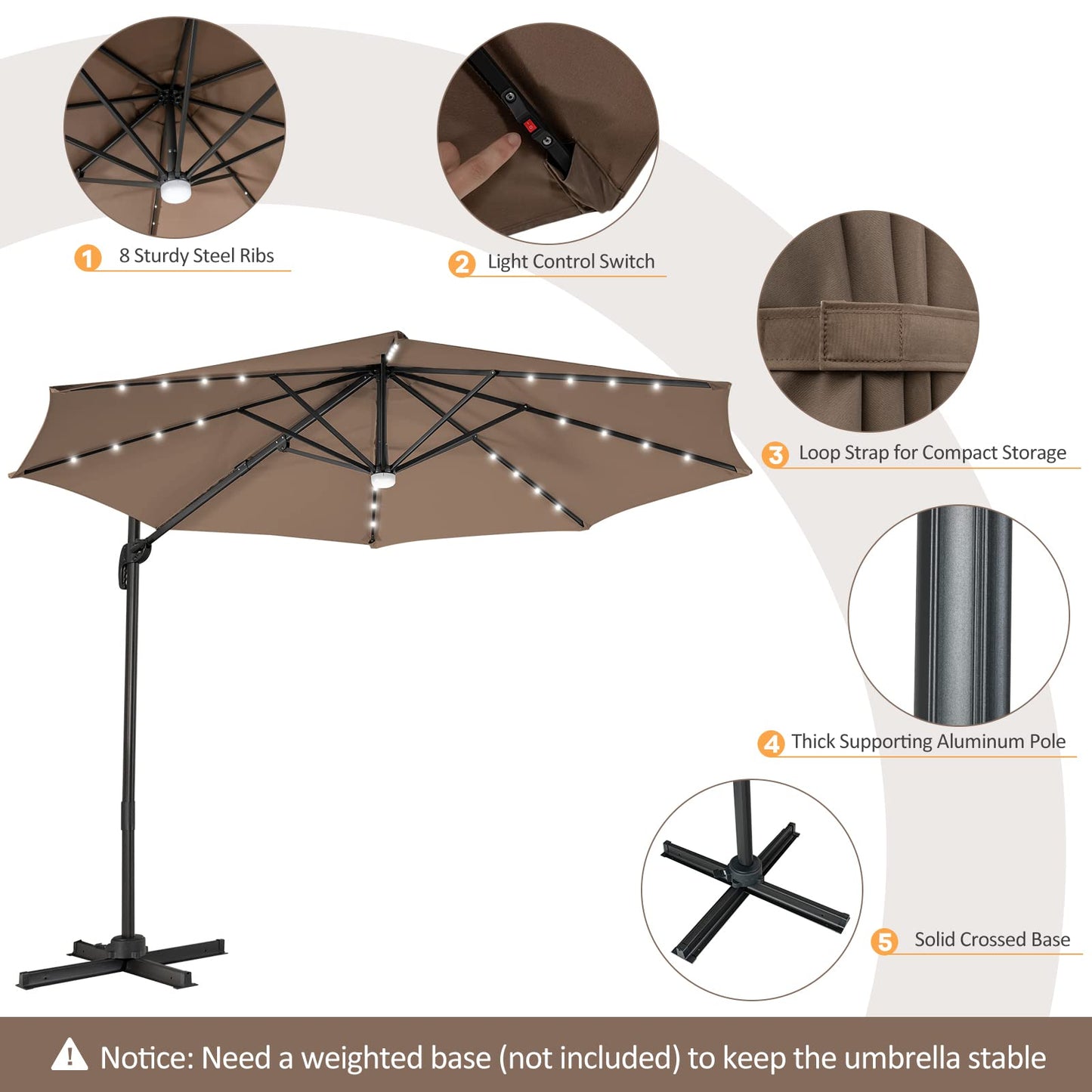 Tangkula 10FT Patio Cantilever Umbrella With 28 LED Lights