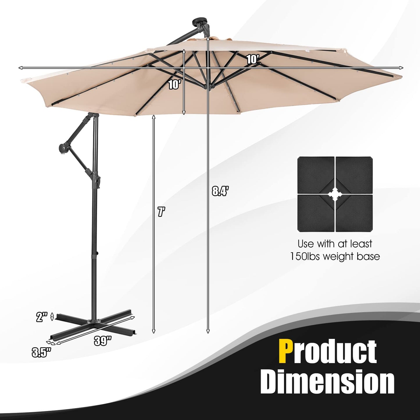 Tangkula 10 ft Cantilever Umbrella w/32 Solar-Powered LED Lights, Functional Tilting System & Hand-Crank Mechanism