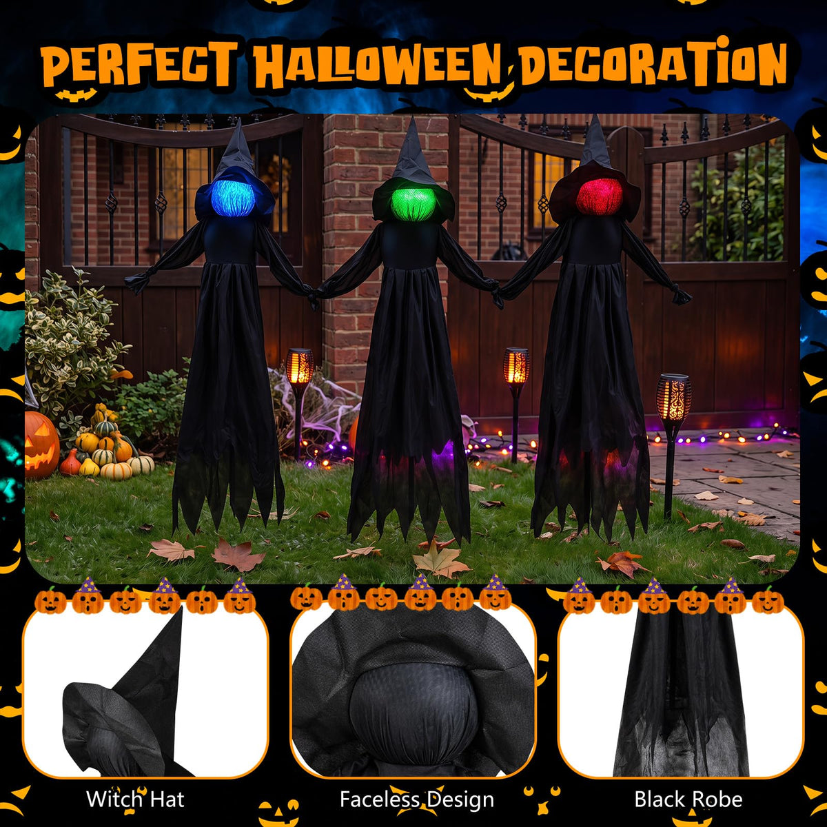 Tangkula 9.3 FT Outdoor Halloween Decoration Light Up Witch Stakes Set of 3