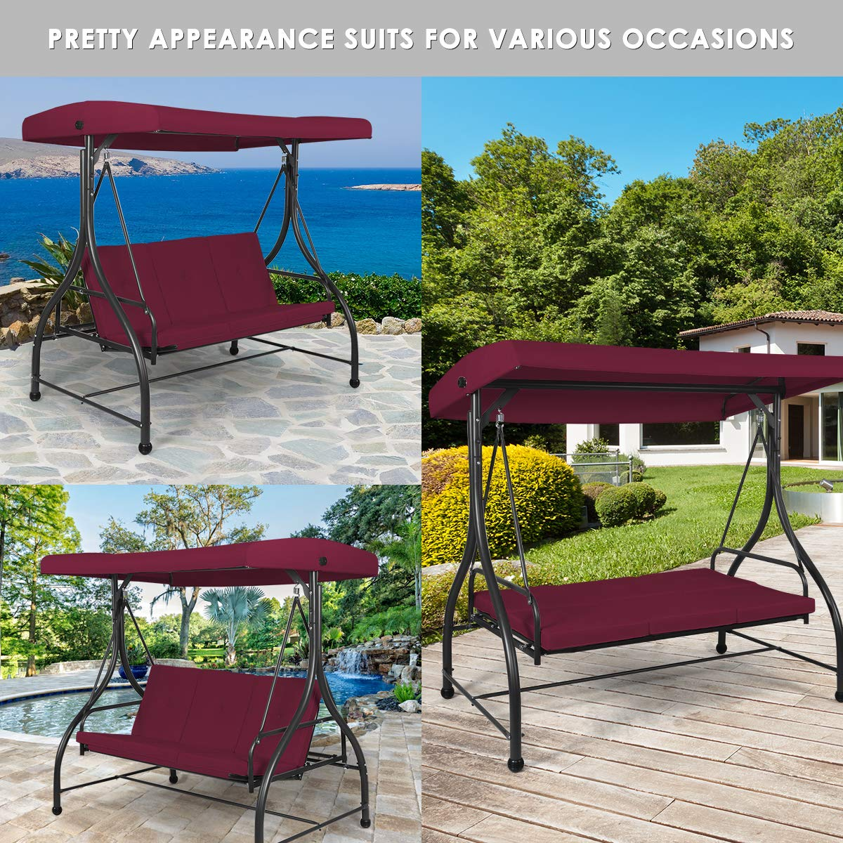 Tangkula 3 Seats Converting Patio Swing, Outdoor Porch Garden Canopy Swing with Comfortable Cushion Seats