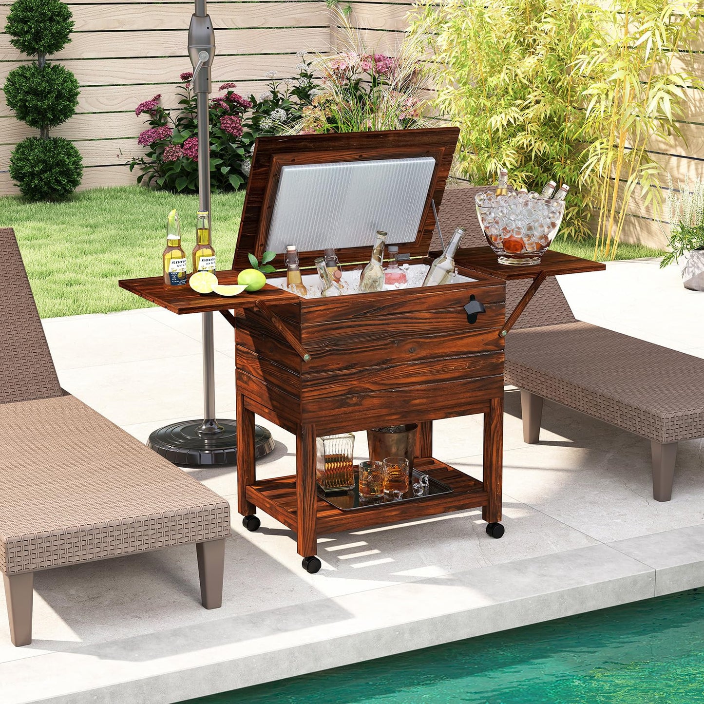 Tangkula Wooden Patio Cooler Table with Bottle Opener & 3 Handles