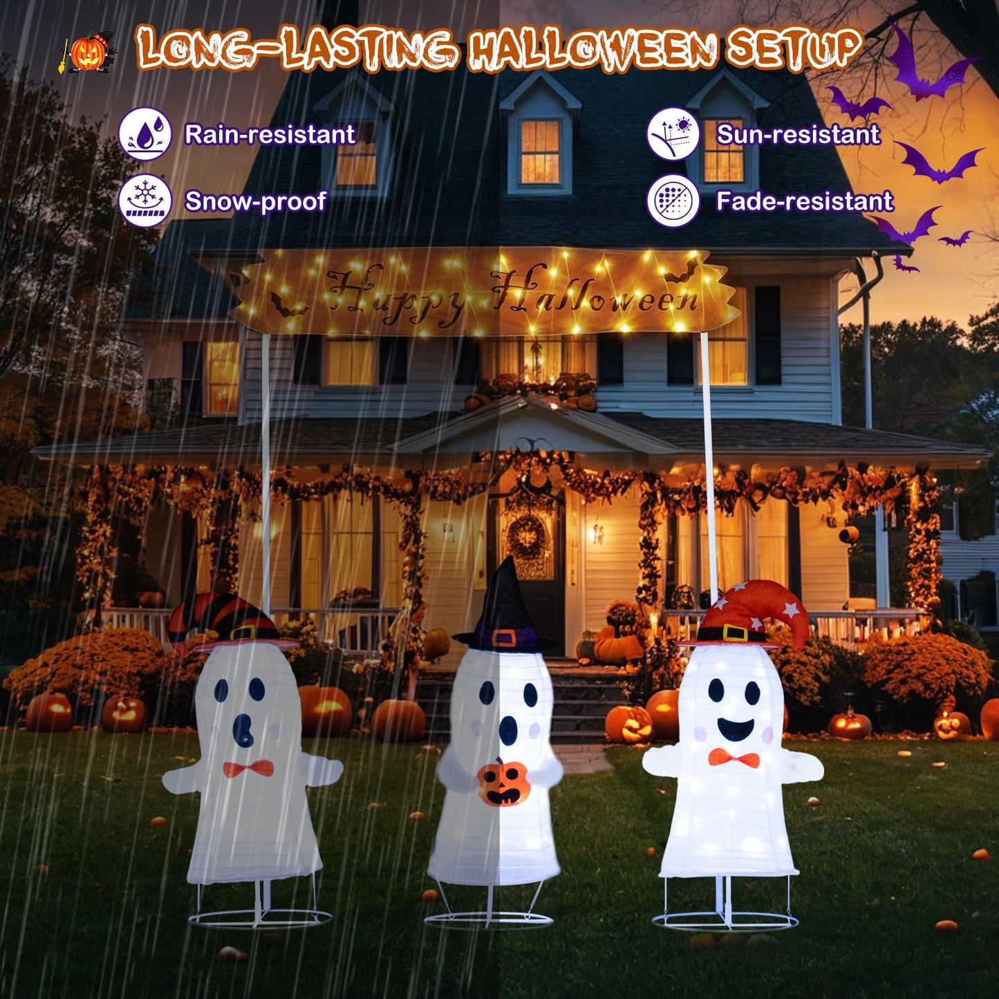 Tangkula Halloween Lighted 3 Pop up Ghosts with Gate