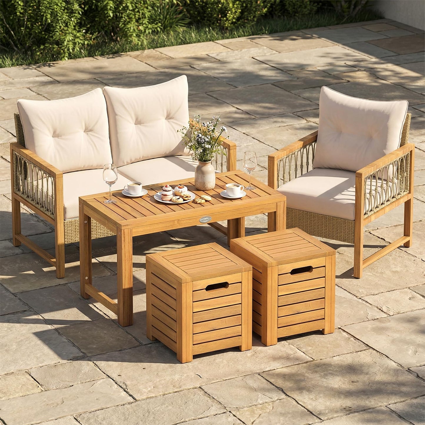 Tangkula Acacia Wood Outdoor Coffee Table with Stools Set of 2