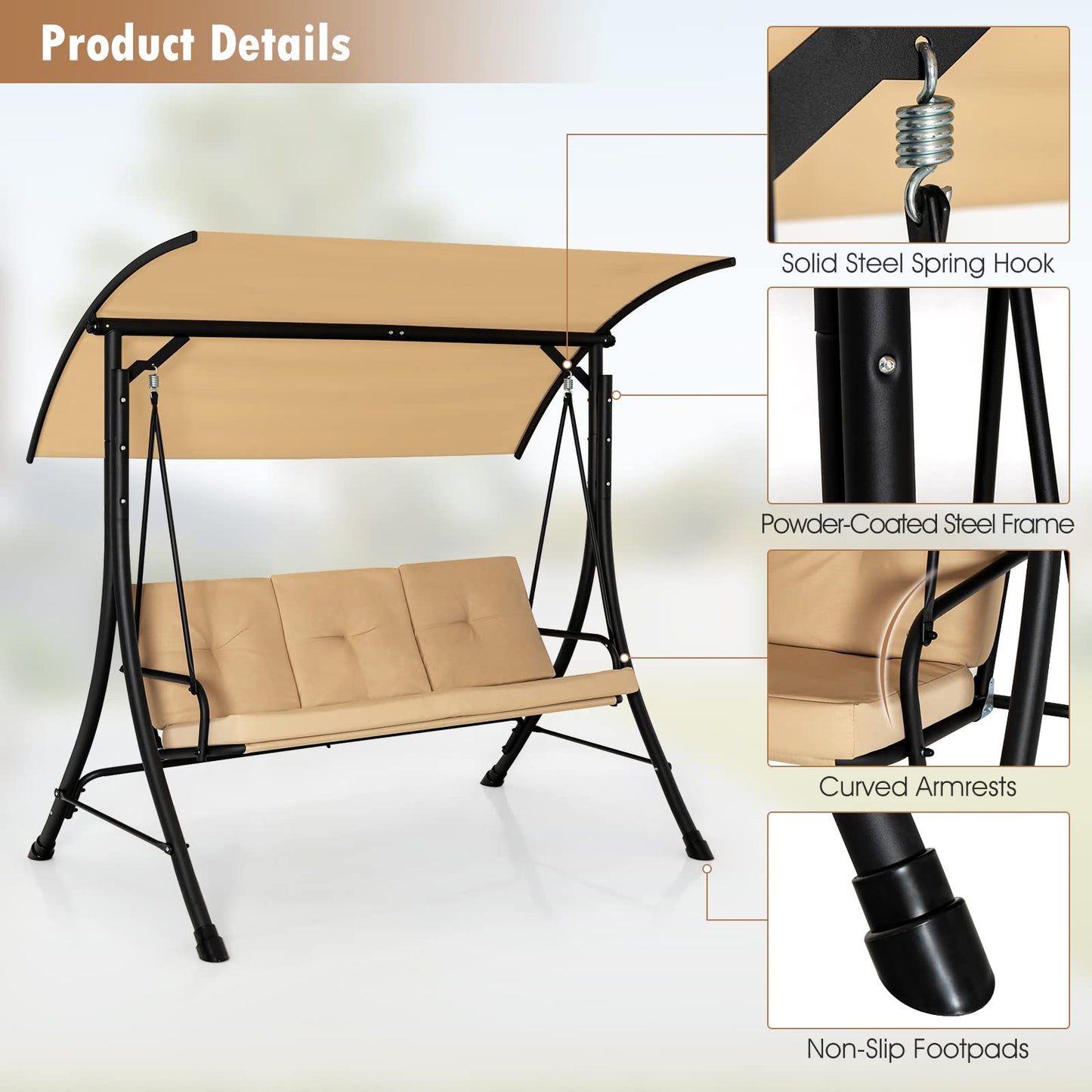 Tangkula 3 Person Porch Swing, Outdoor Swing with Removable Cushions