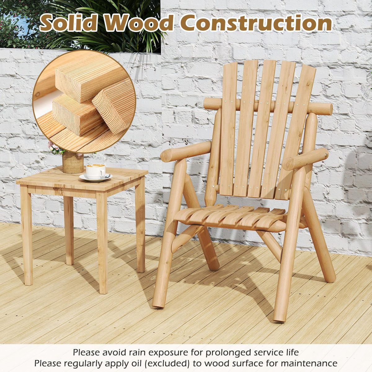 Tangkula Log Wood Patio Chair with Slatted Backrest