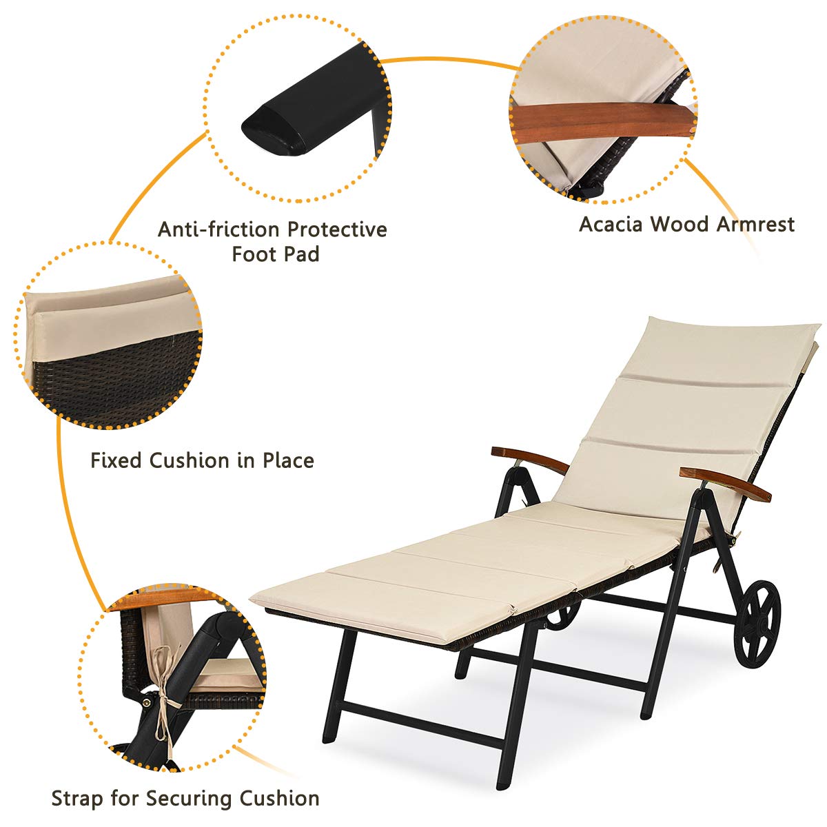 Tangkula Foldable Outdoor Chaise Lounger, Wicker Lounger Chair with Aluminum Black Frame, Wheels for Easy Moving
