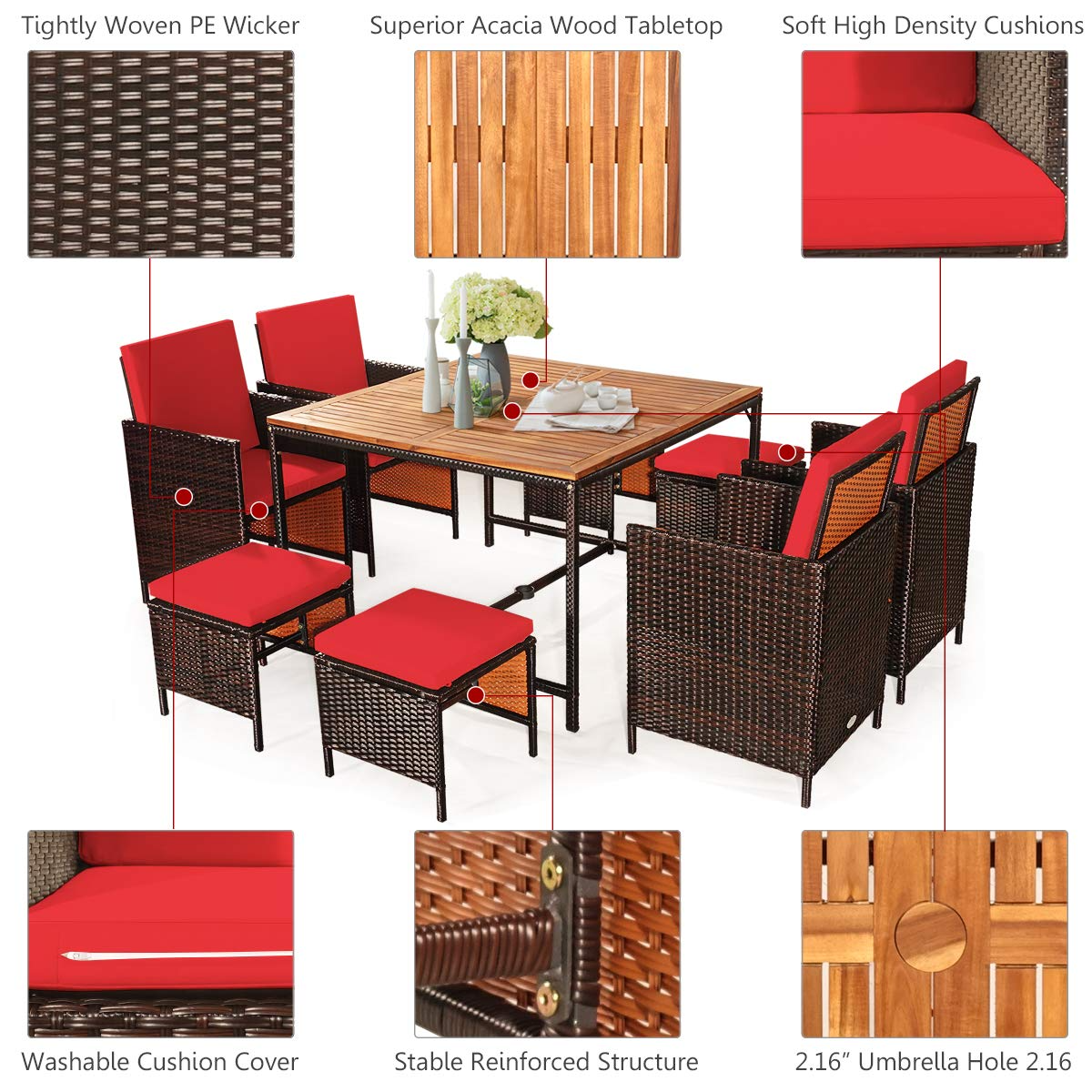 Tangkula 9 Pieces Acacia Wood Patio Dining Set, Space Saving Wicker Chairs and Wood Table with Umbrella Hole Outdoor Furniture Set