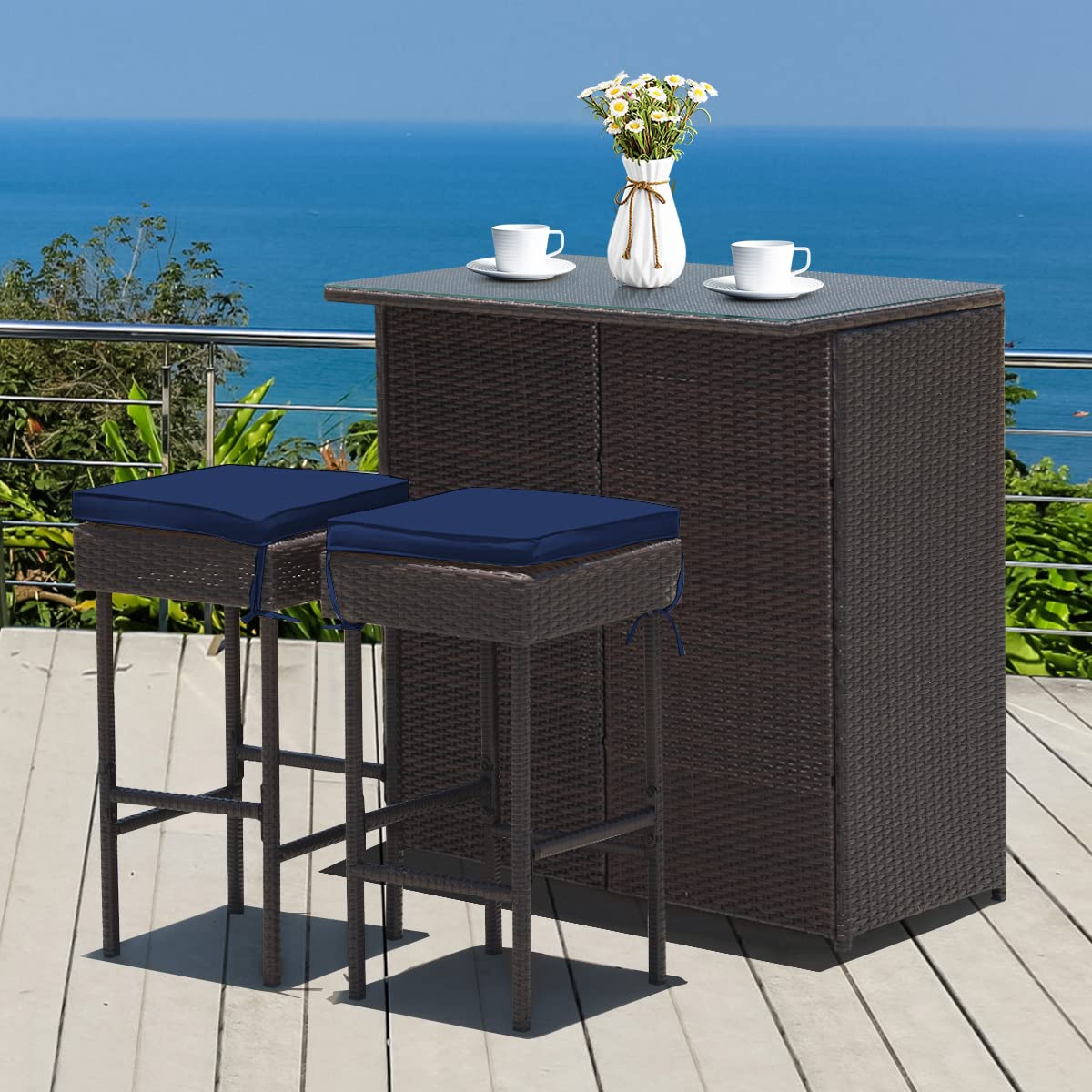 Tangkula Patio Bar Set, 3 Piece Outdoor Rattan Wicker Bar Set with 2 Cushions Stools & Glass Top Table