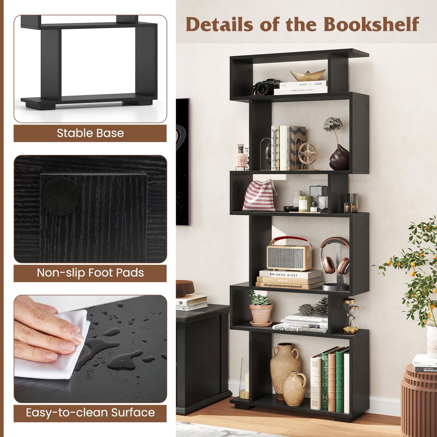 Tangkula 6 Tier S Shaped Bookshelf for Study