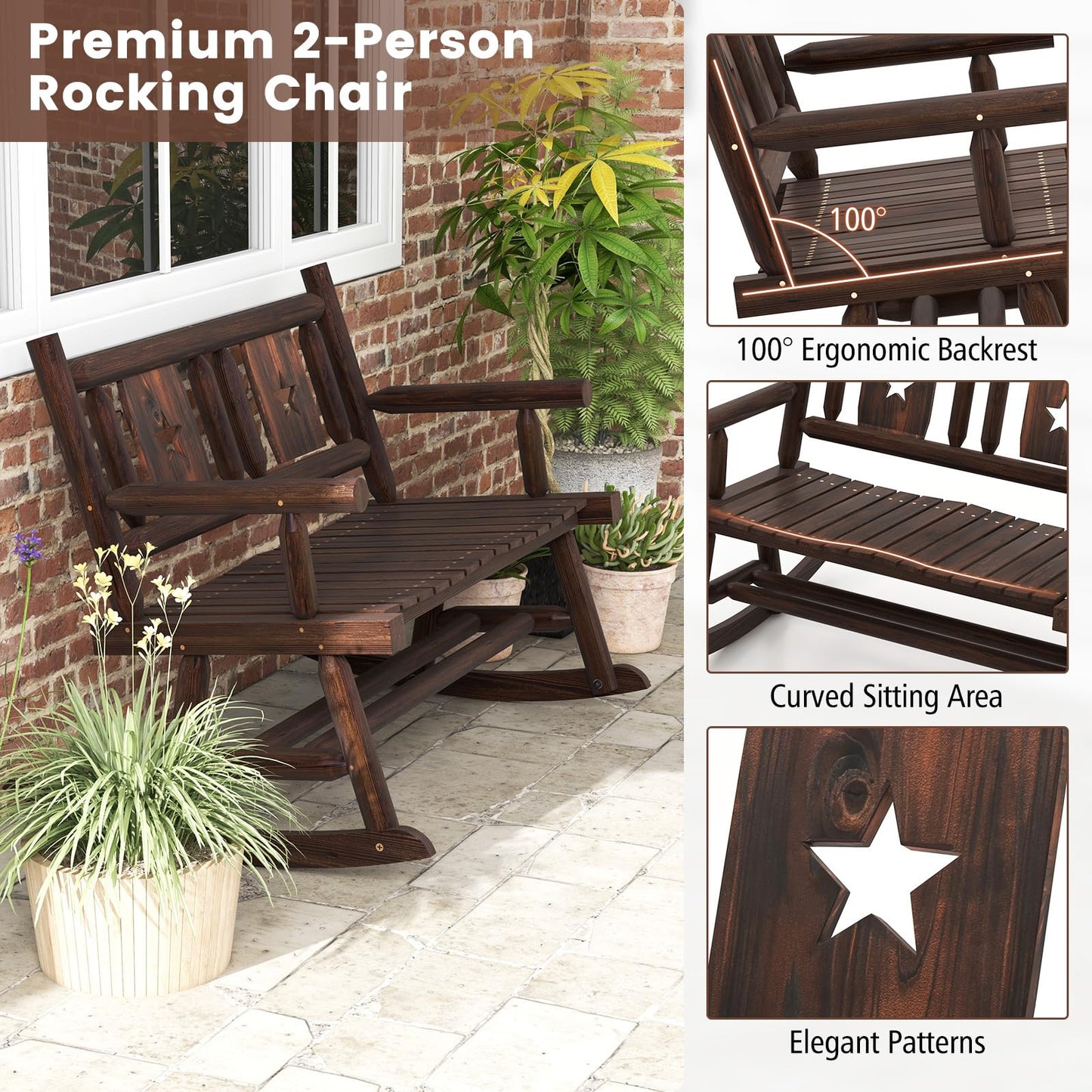 Tangkula Patio Rocking Bench, Carbonized Wood Double Rocker Chair with Ergonomic Seat