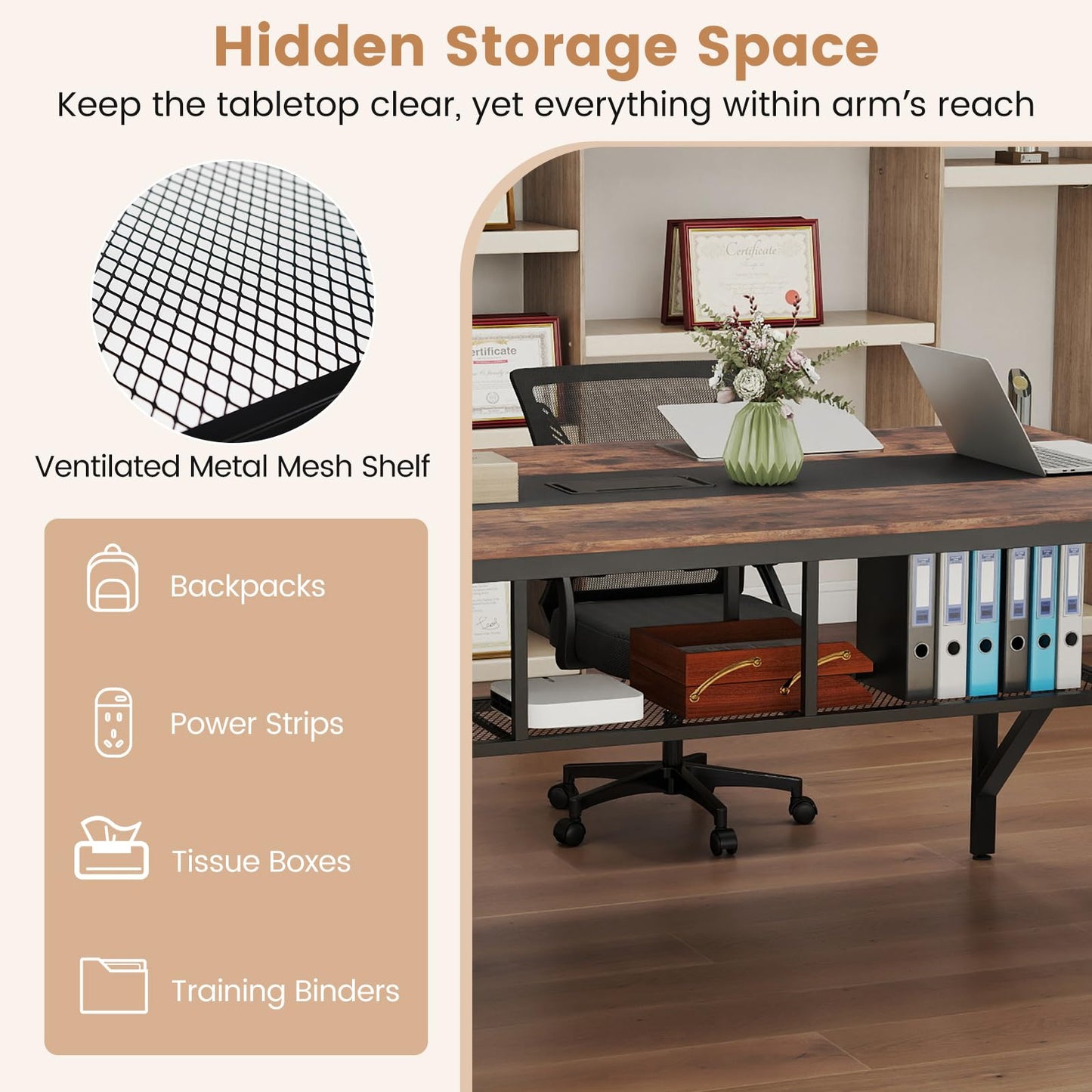 Tangkula 6 FT Rectangular Conference Table with Mesh Storage Shelf & Cable Grommet