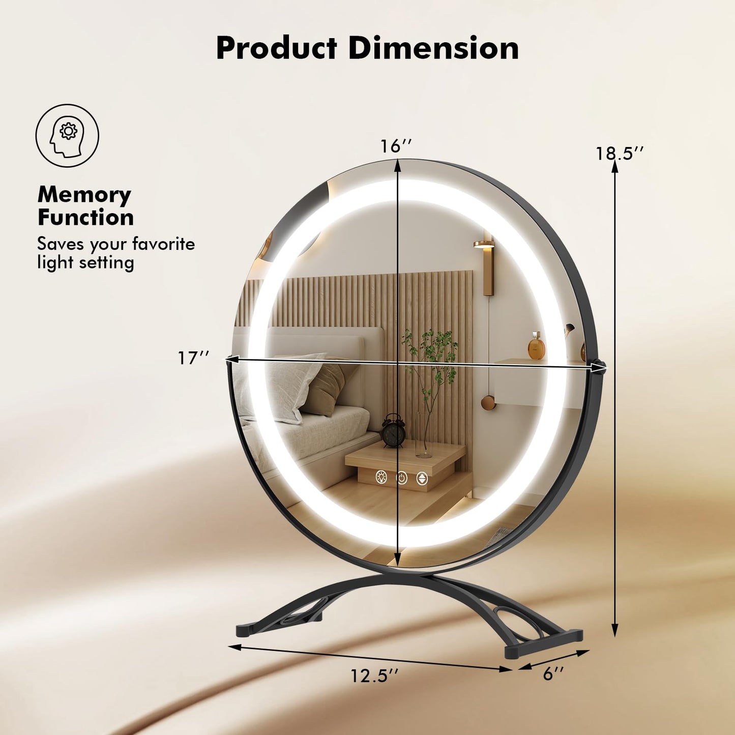 Tangkula Miroir de courtoisie de 16 po avec lumières, miroir de maquillage lumineux à LED à 3 couleurs à intensité variable avec écran tactile