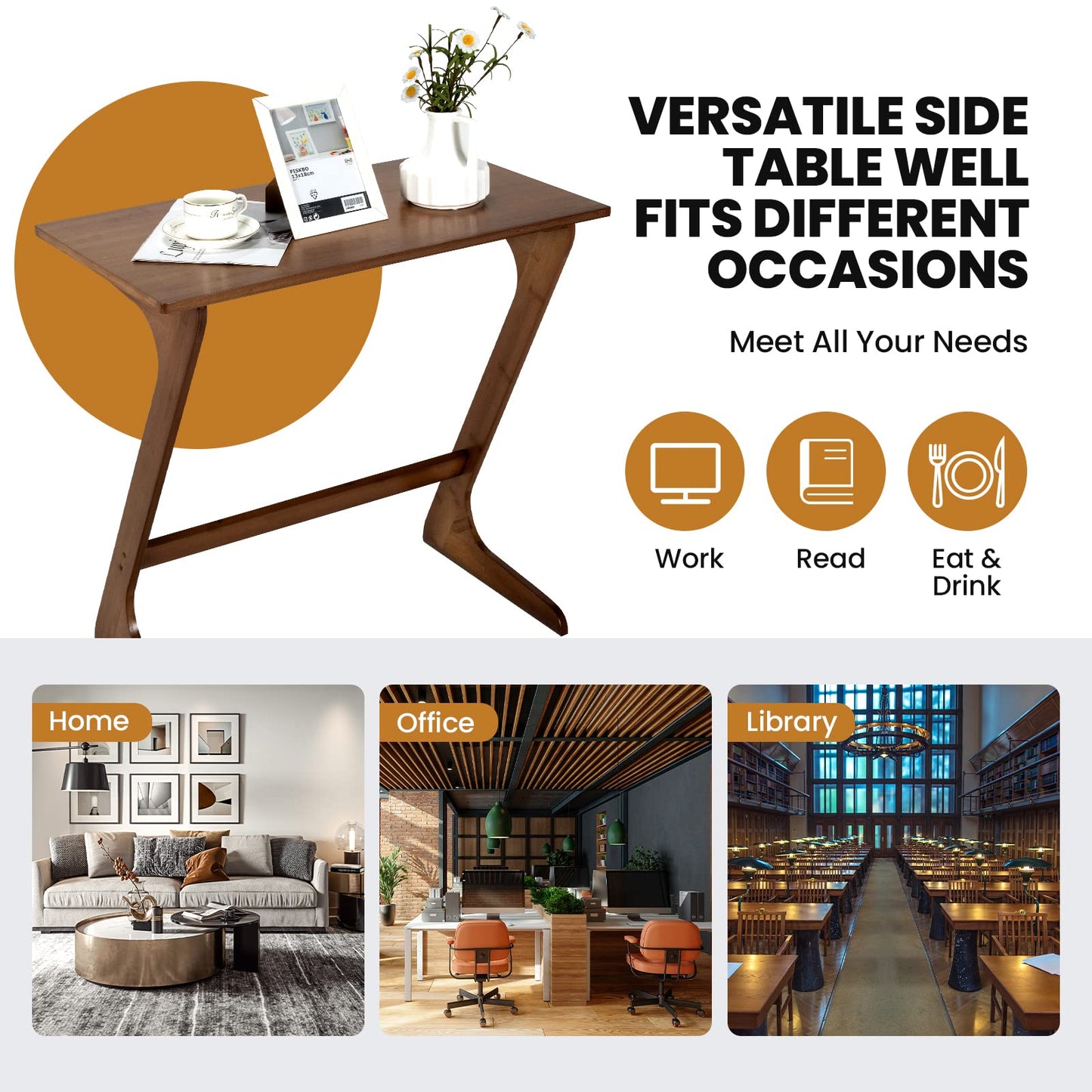 Bamboo TV Tray Sofa Side Table, Z-Shaped Couch Table with 29.5'' x 16'' Tabletop