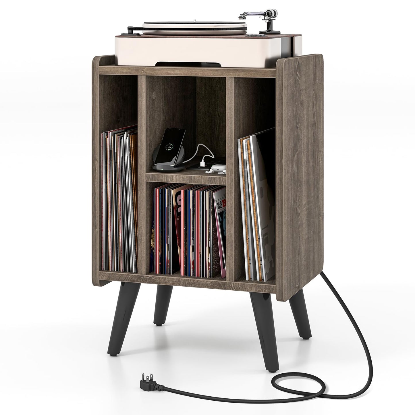 Tangkula Record Player Stand w/Charging Station & USB Ports, Nightstand Sofa Side Table, 27" H