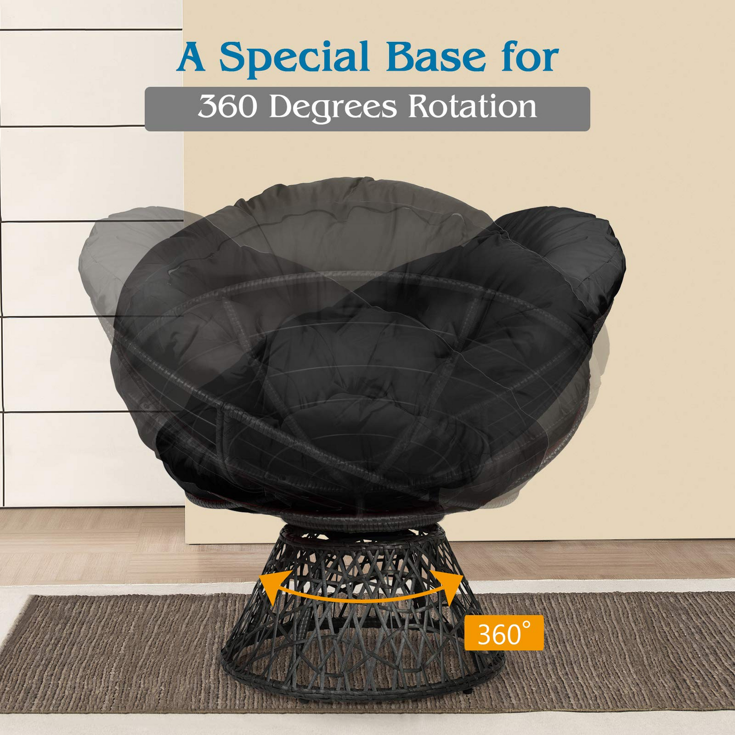 Tangkula Papasan Chair Rattan Ergonomic Chair w/ 360-degree Swivel and Soft Cushion, Solid Structure & Stable Base