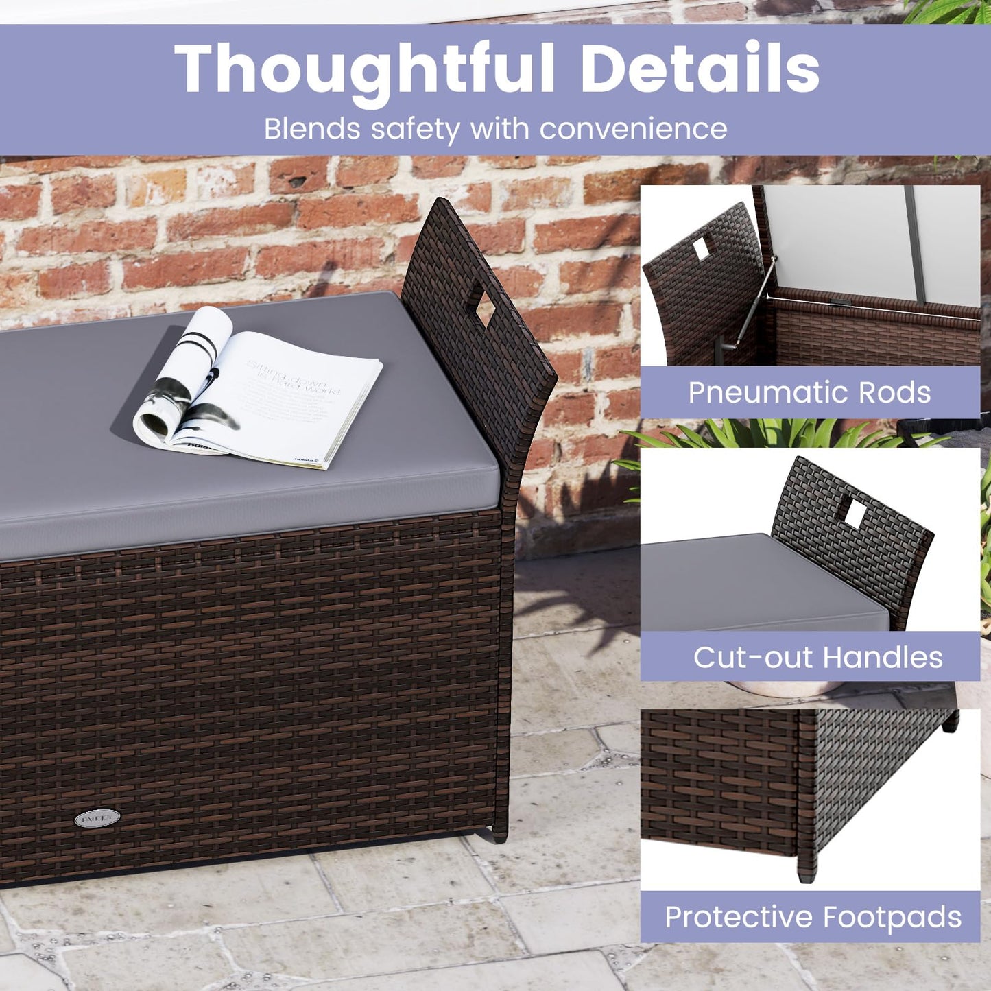 Tangkula Storage Bench Outdoor Bench with Hand-Woven PE Rattan Wicker