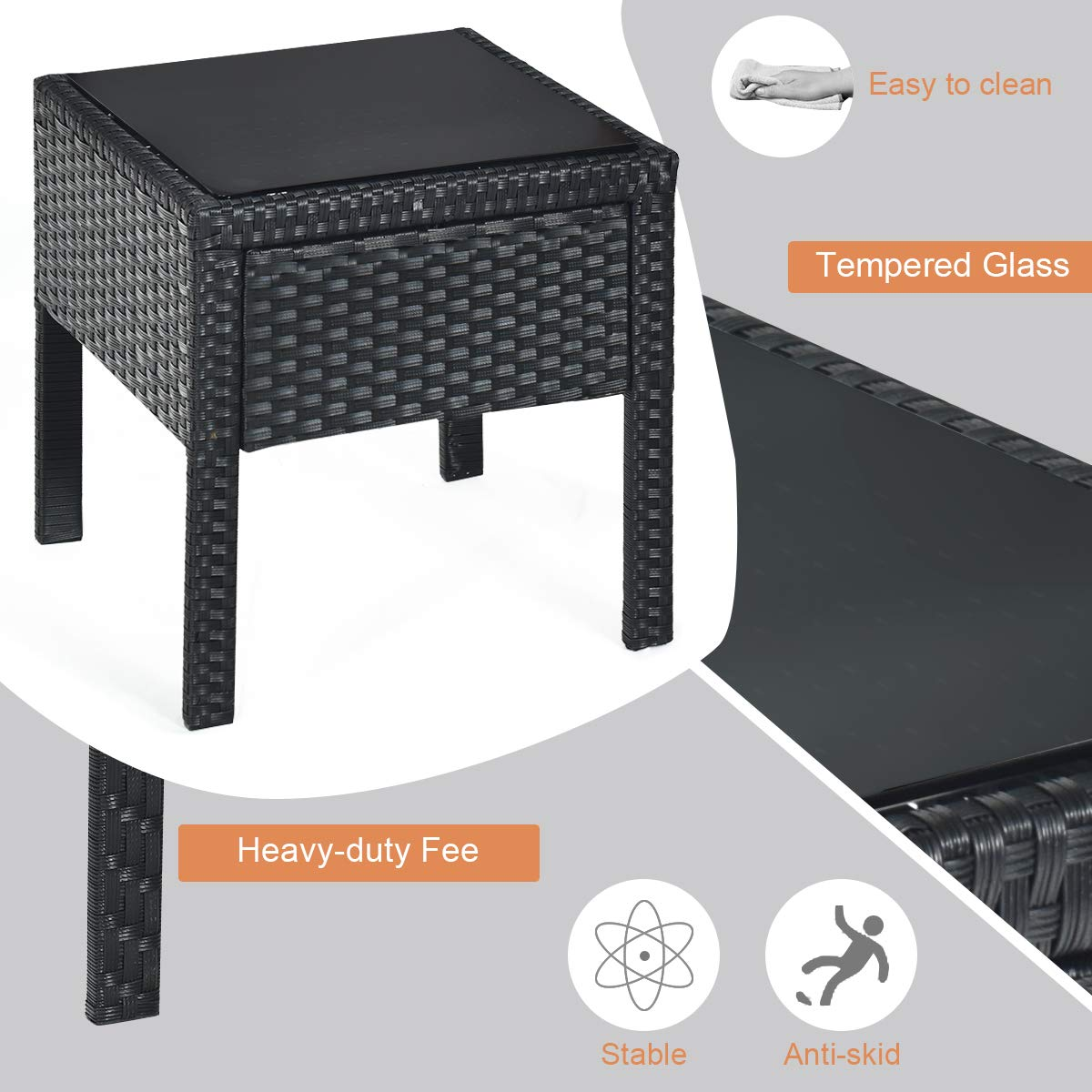 Tangkula 3 Piece Patio Conversation Set, Outdoor Rattan Sofa Set with White Seat Cushions & Coffee Table