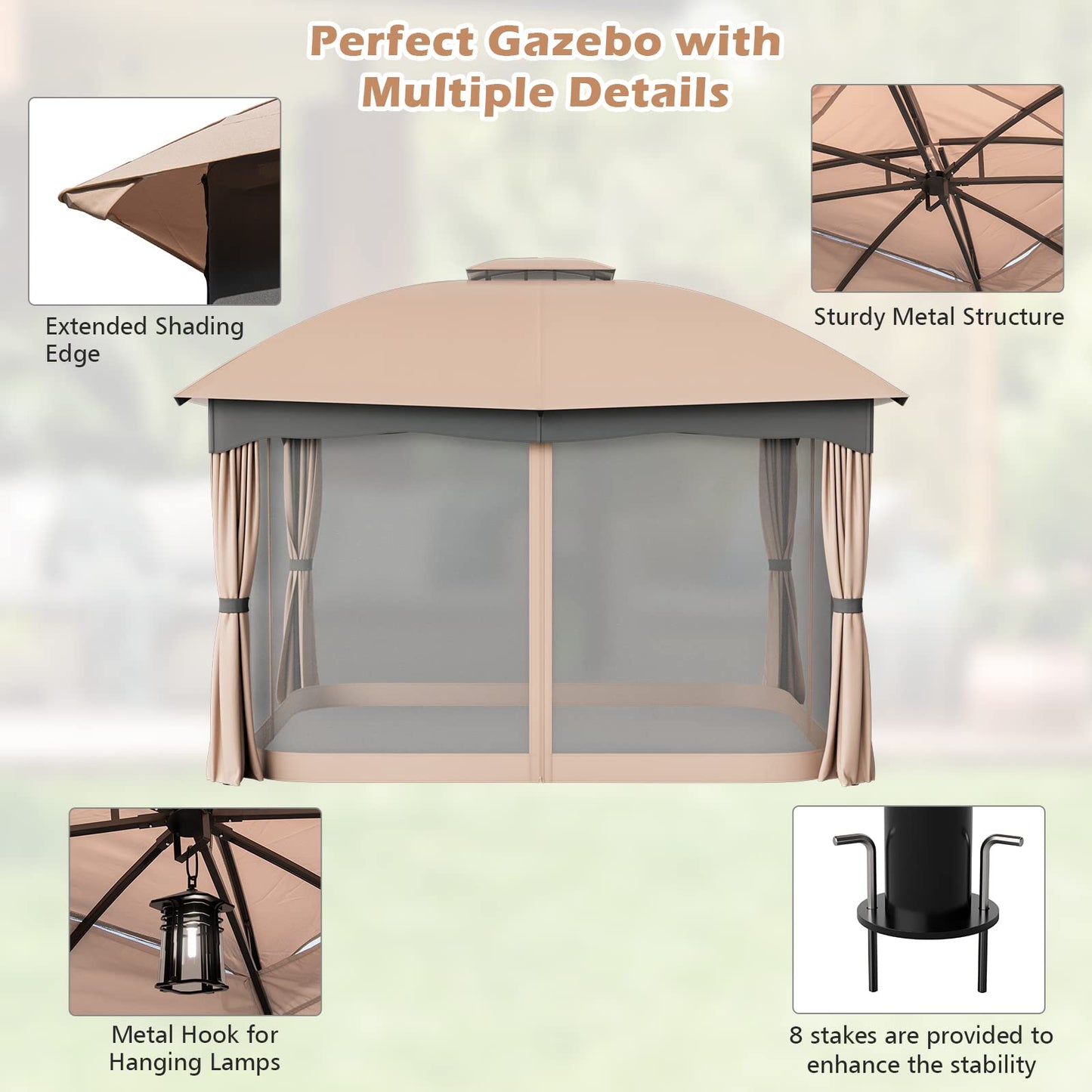 Tangkula 12x10 Ft Patio Gazebo, Double Vented Gazebo with Zippered Privacy Curtains