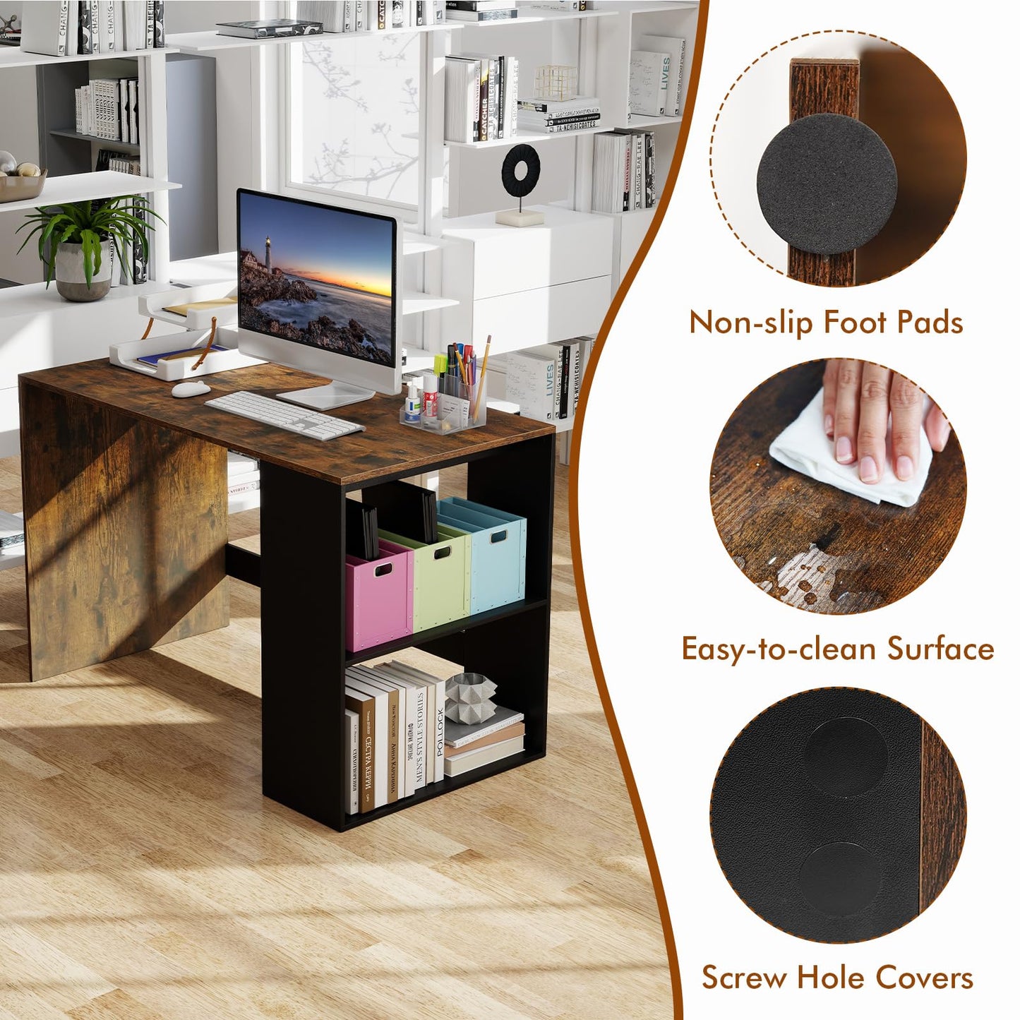 Tangkula Bureau d'ordinateur 112 cm pour domicile/bureau avec étagère à 2 niveaux en bois