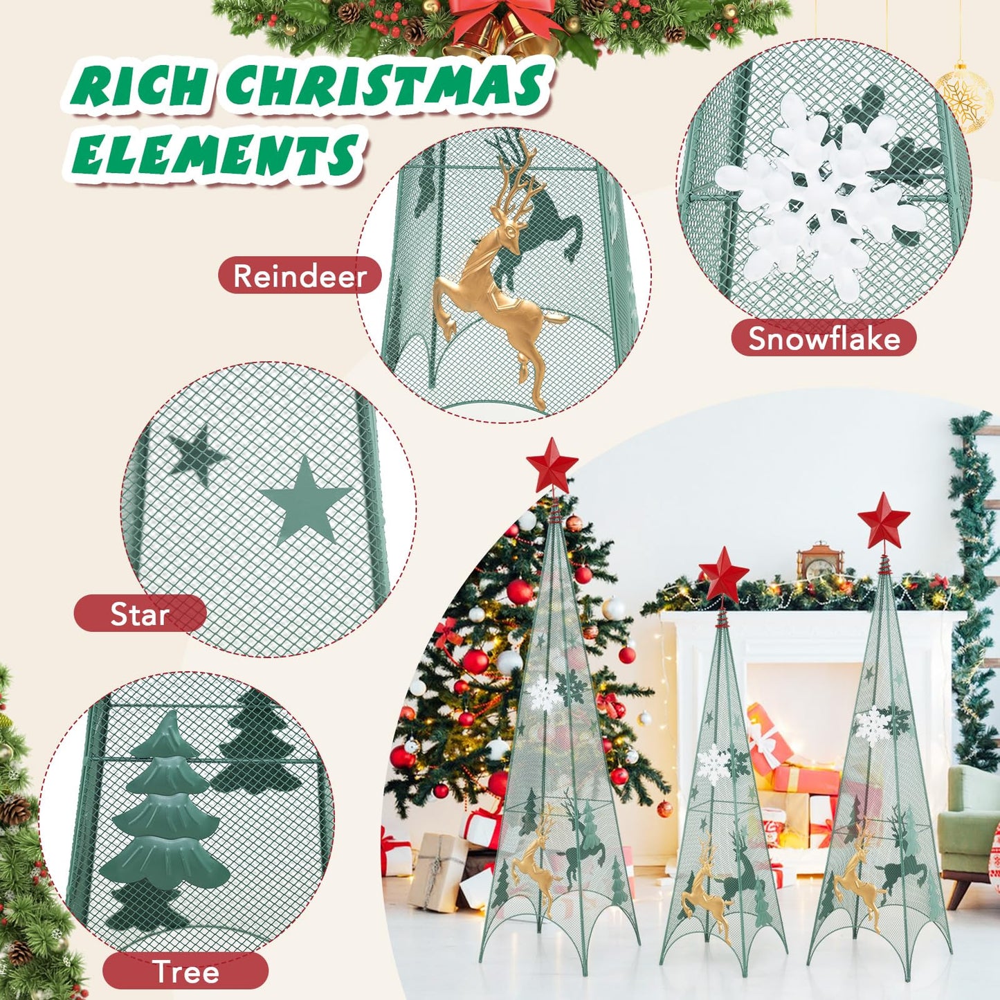 Tangkula 3 Sizes Tower Shaped Christmas Tree Decorations, Metal Xmas Decorative Trees with Reindeers