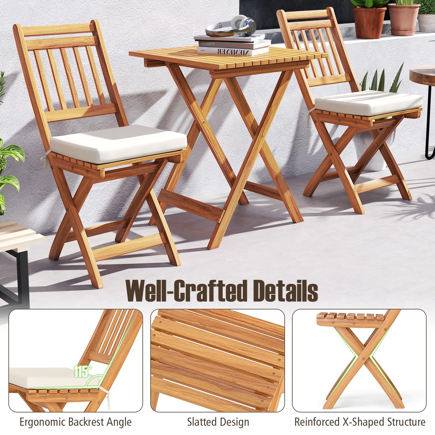 Tangkula Acacia Wood Patio Bistro Set of 3 for Backyard