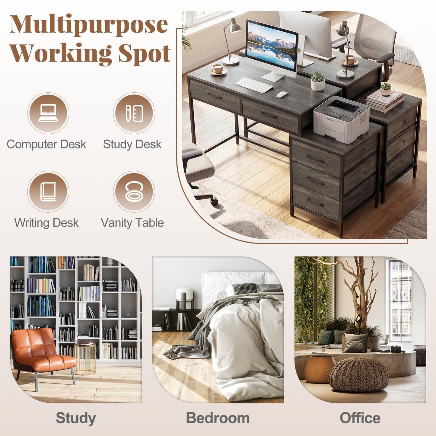 Tangkula Reversible Computer Desk with 5 Drawers (51-Inch)