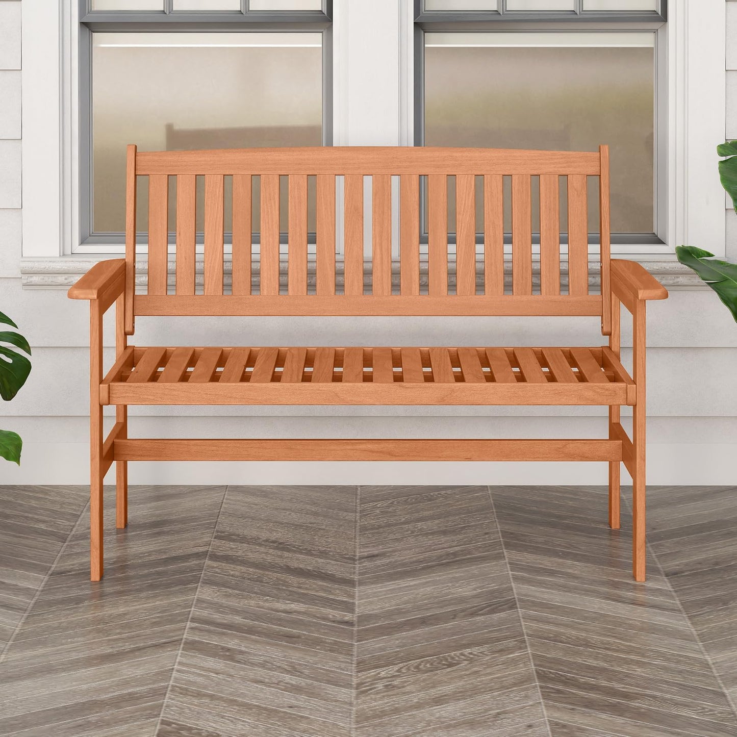 Tangkula Wooden Garden Bench 2-Person Patio Loveseat with Slatted Backrest and Comfortable Armrests